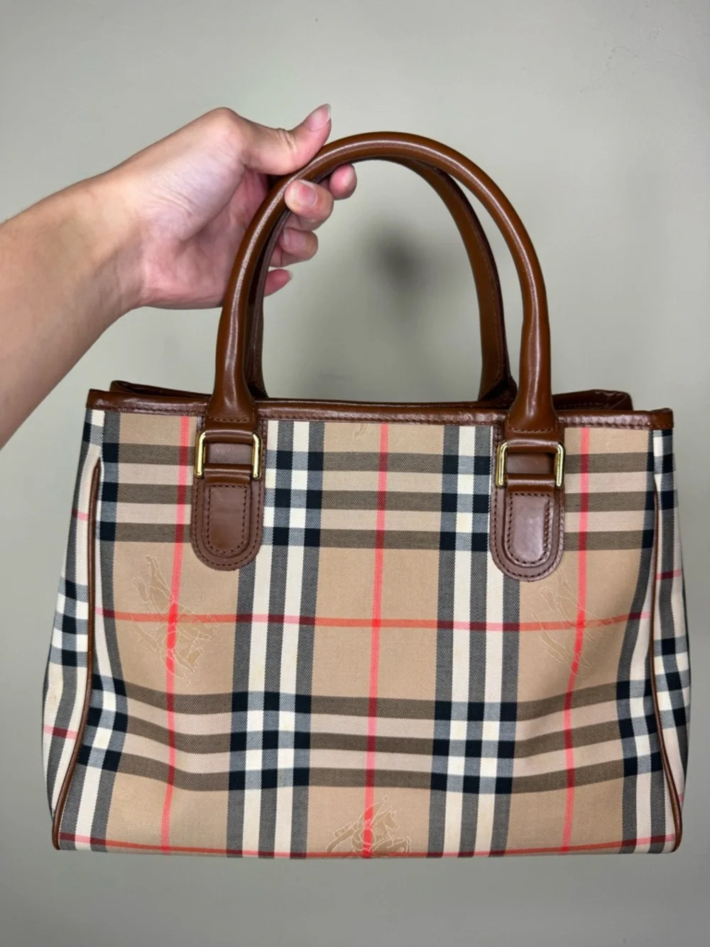 Burberry Beige Plaid Bag with Brown Leather Trim - Picture 3 of 7